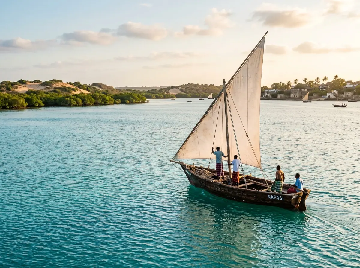 Illustrative concept artwork of a traditional dhow near Lamu